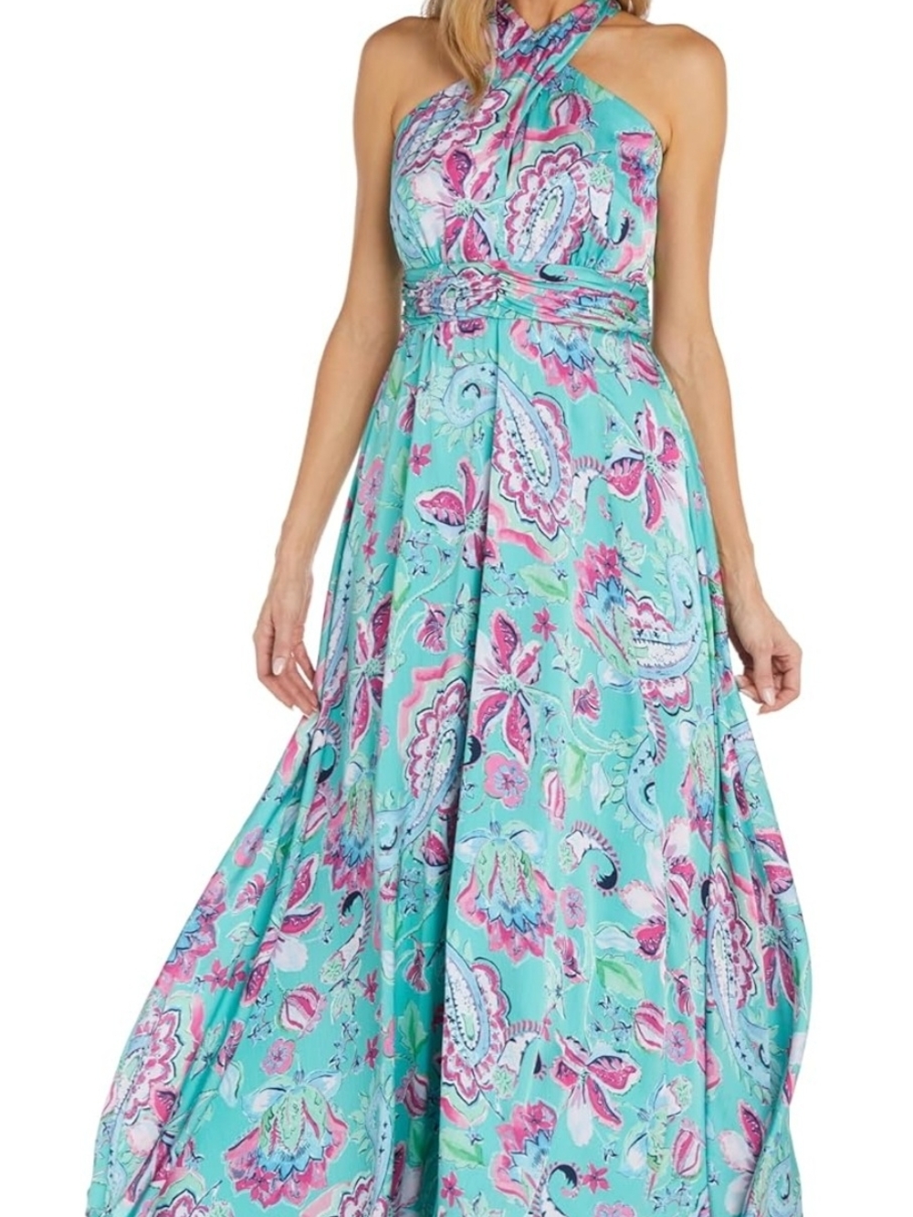 R&M Richards Turquoise Floral Paisley Halter Maxi Dress